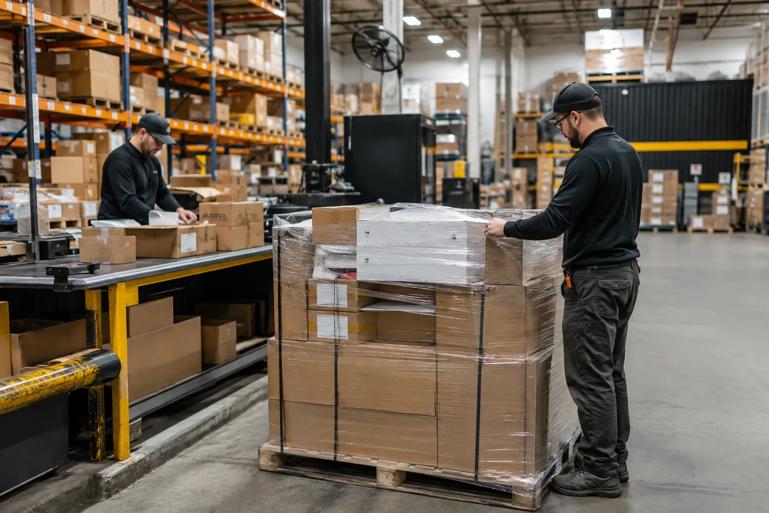 Warehouse workers preparing a pallet