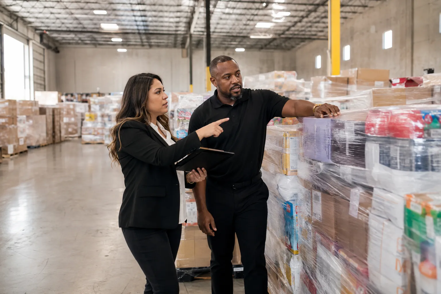 Atlas wholesale staff discussing pallet inventory