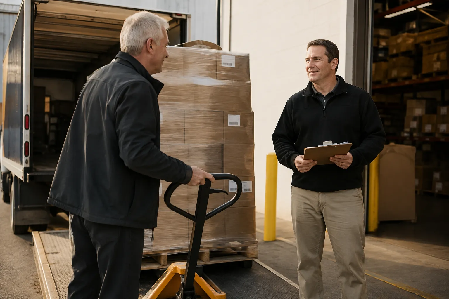 Wholesale buyer and warehouse representative receiving a pallet delivery