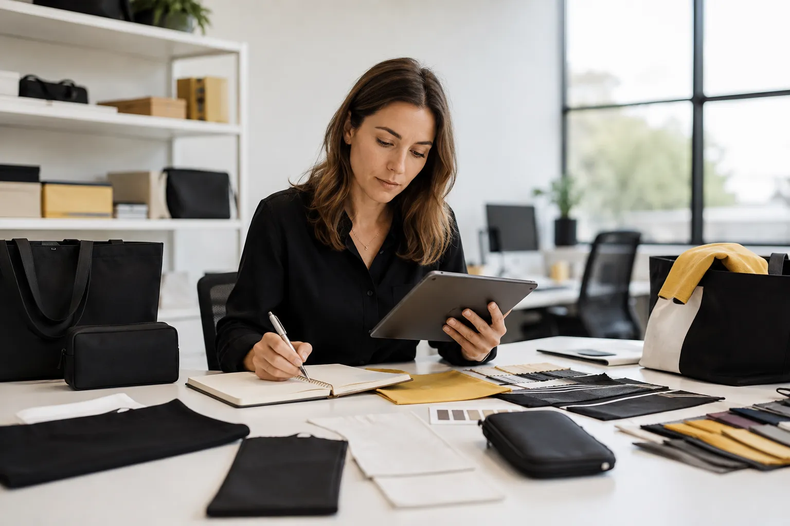 Wholesale buyer reviewing products and notes