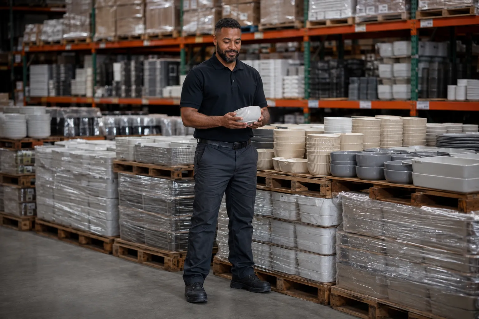 Wholesale team member inspecting products and recording information