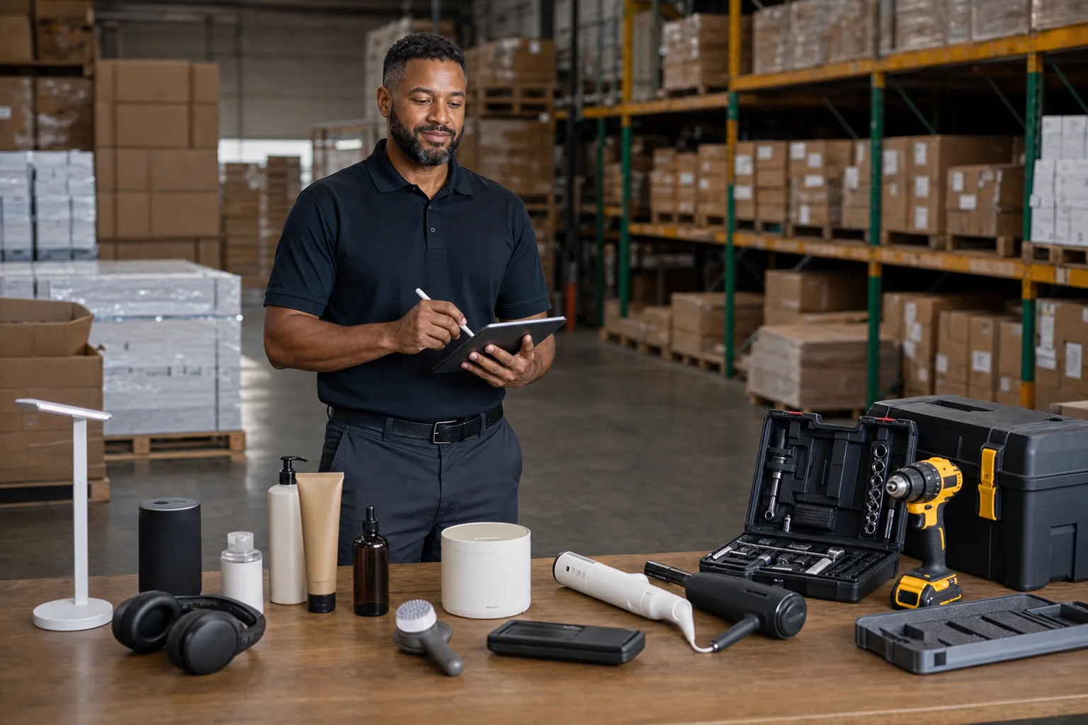 Wholesale warehouse specialist reviewing inventory records