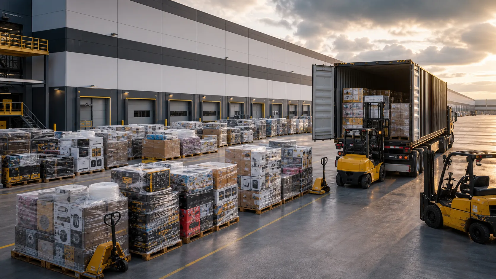 Large palletized wholesale freight prepared for transport