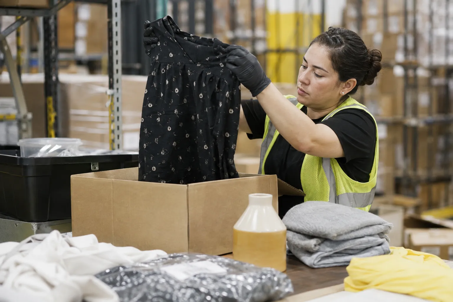 Worker inspecting clothing from mixed merchandise inventory