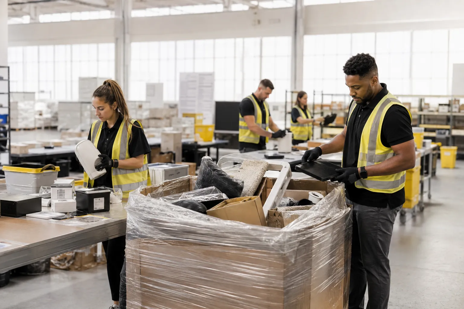 Warehouse team sorting a mixed merchandise pallet