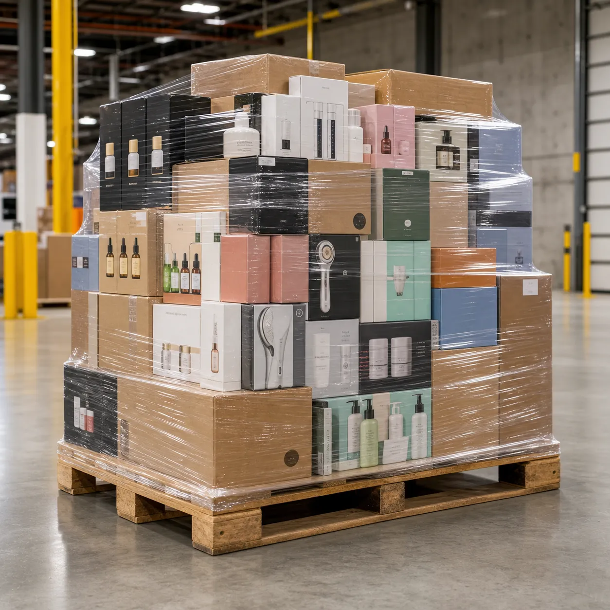 Health and beauty products arranged on a wholesale pallet
