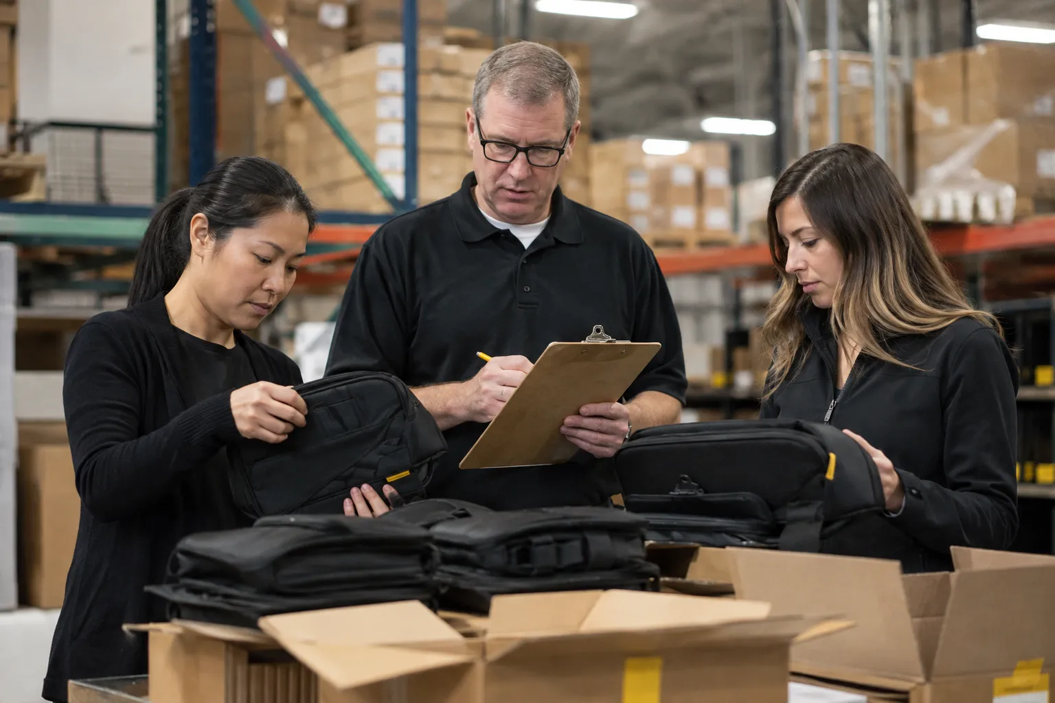 Warehouse team inspecting return inventory