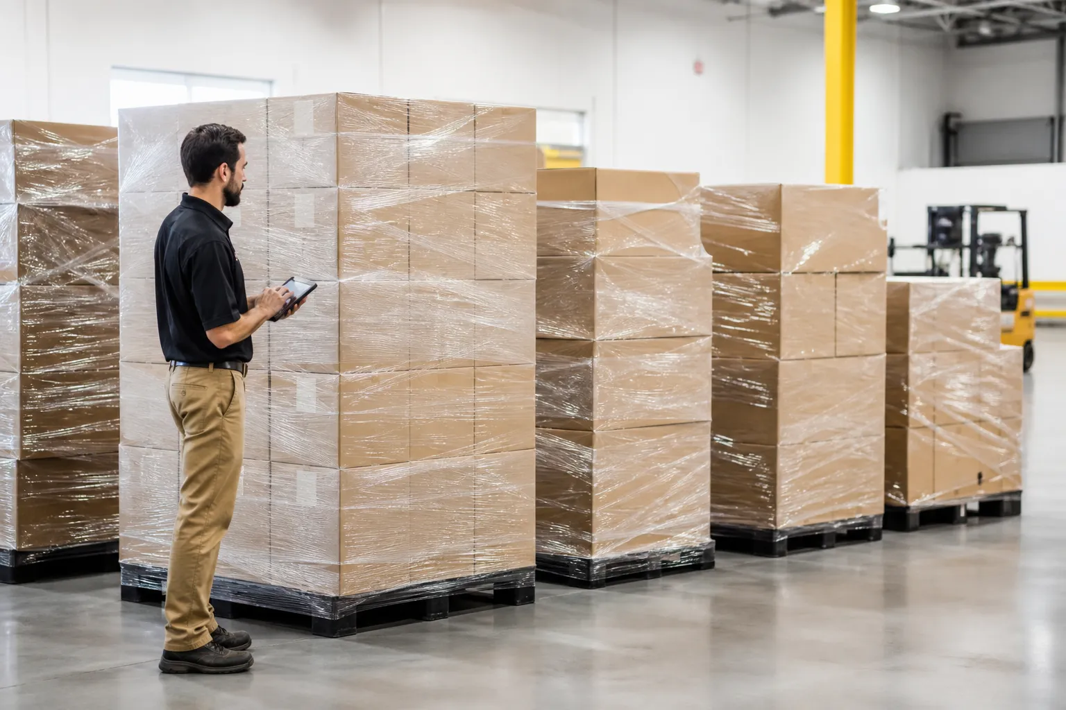 Warehouse worker reviewing pallets