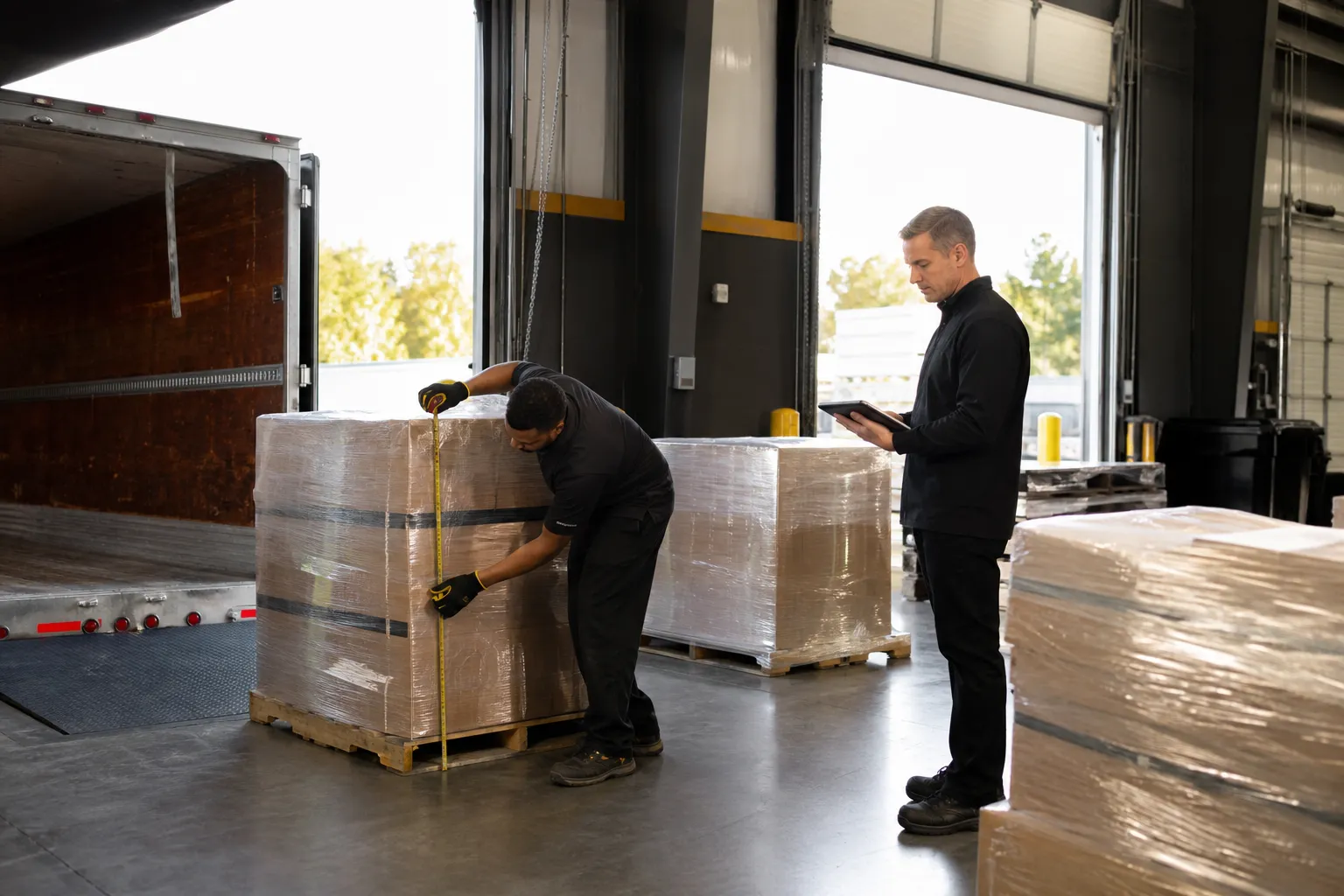 Warehouse team measuring bulk pallets for freight