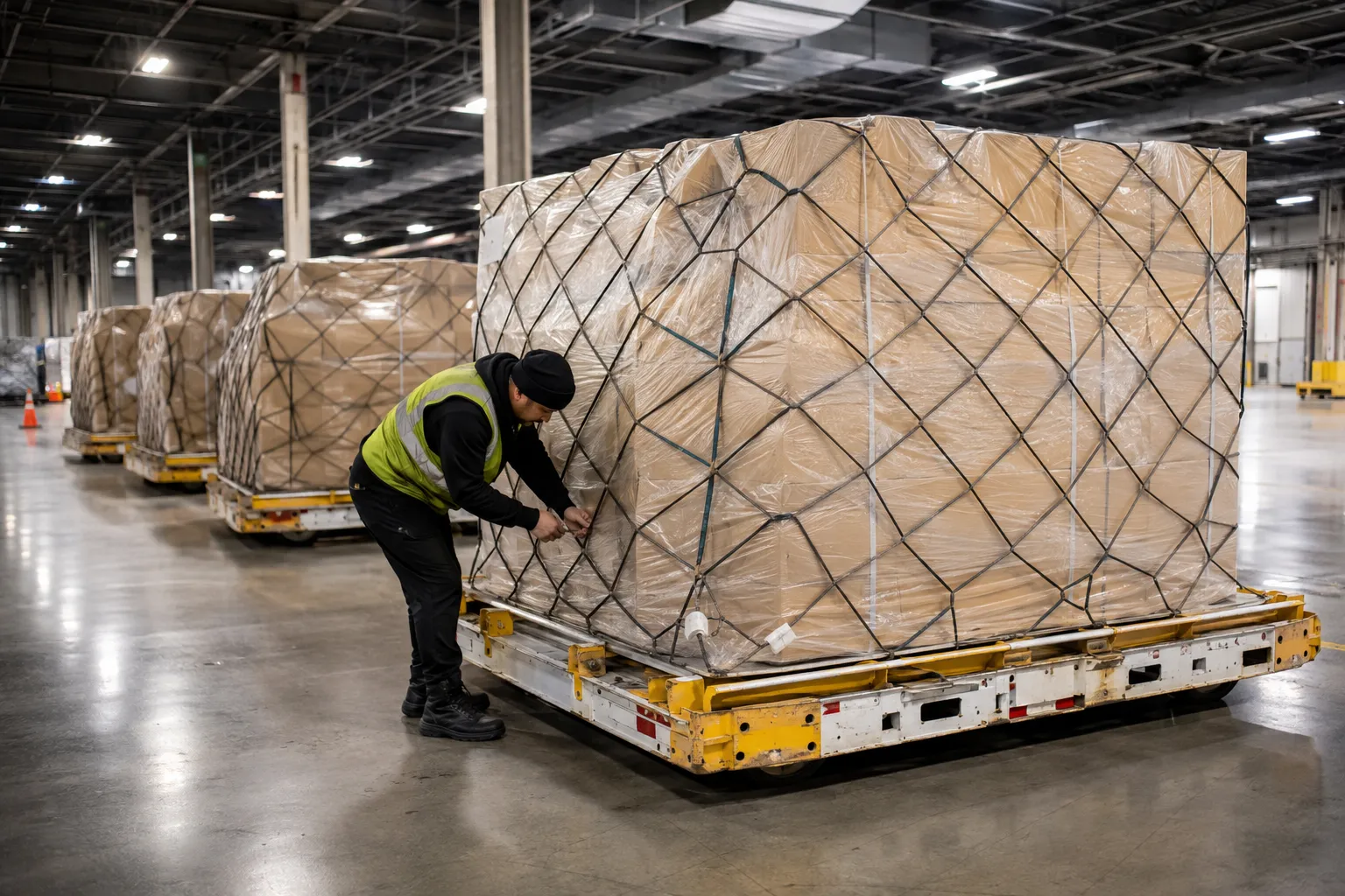 Secured high-volume pallets staged for commercial freight
