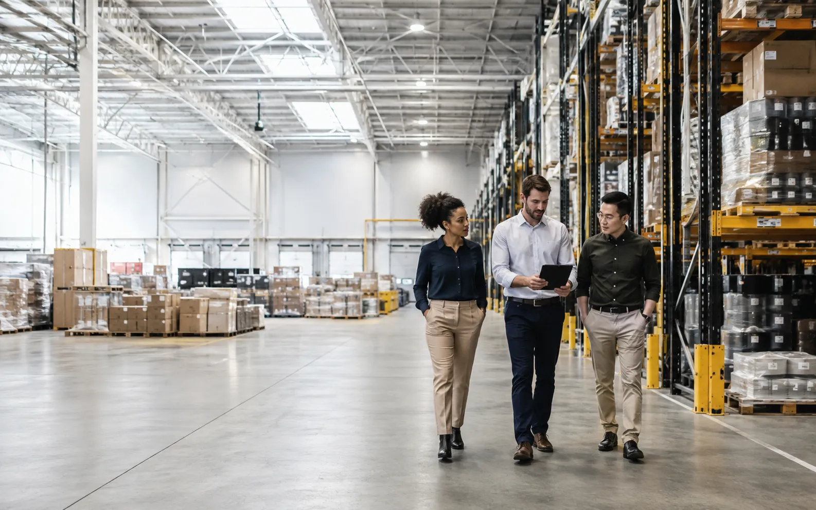 Business team walking through wholesale warehouse inventory