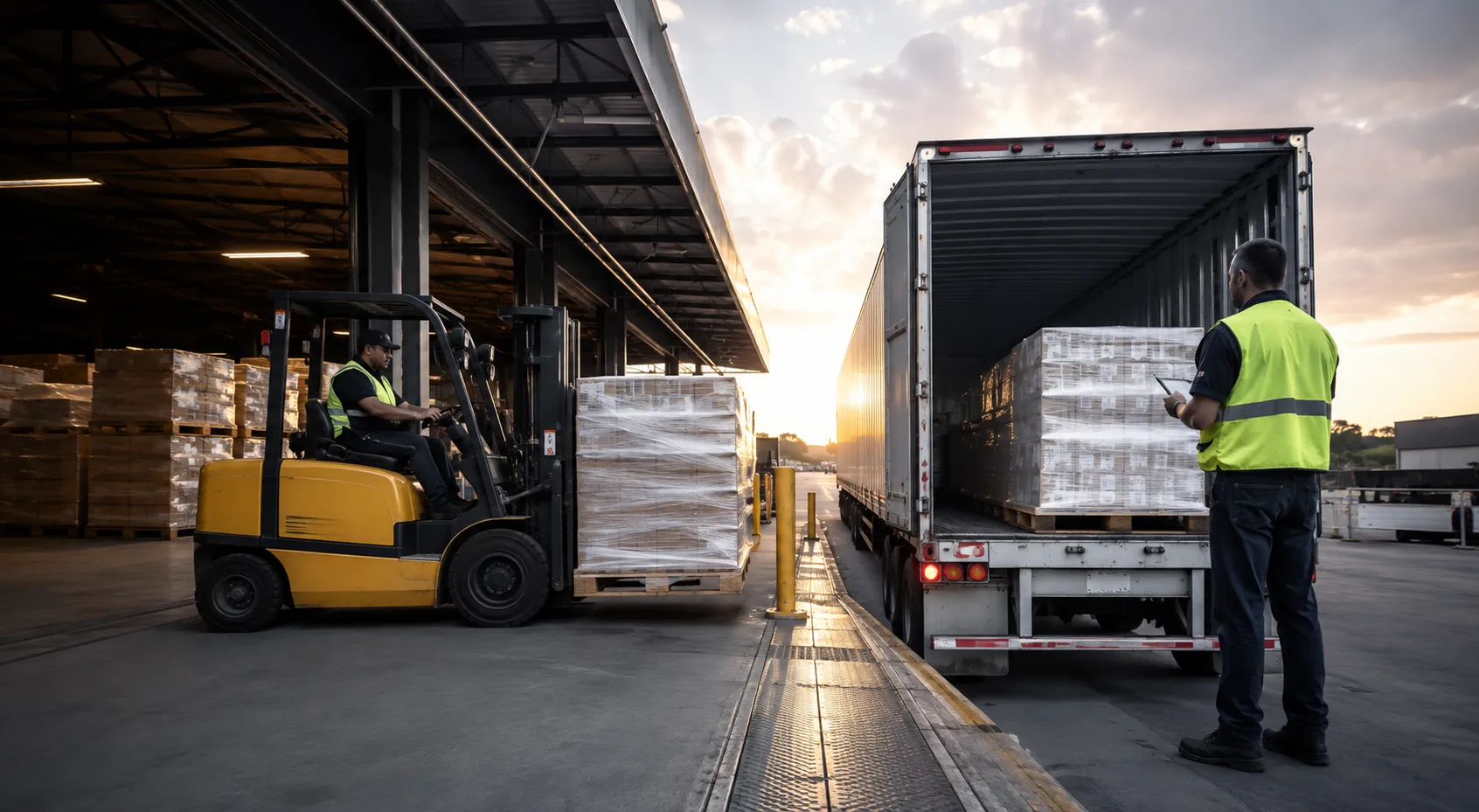 Forklift loading wholesale pallet inventory onto truck